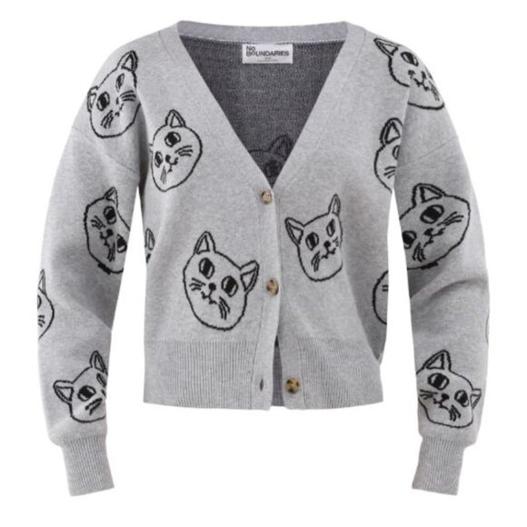No Boundaries Sweaters - V-Neck Grey Cat Kitten Face Cropped Cardigan - XXS